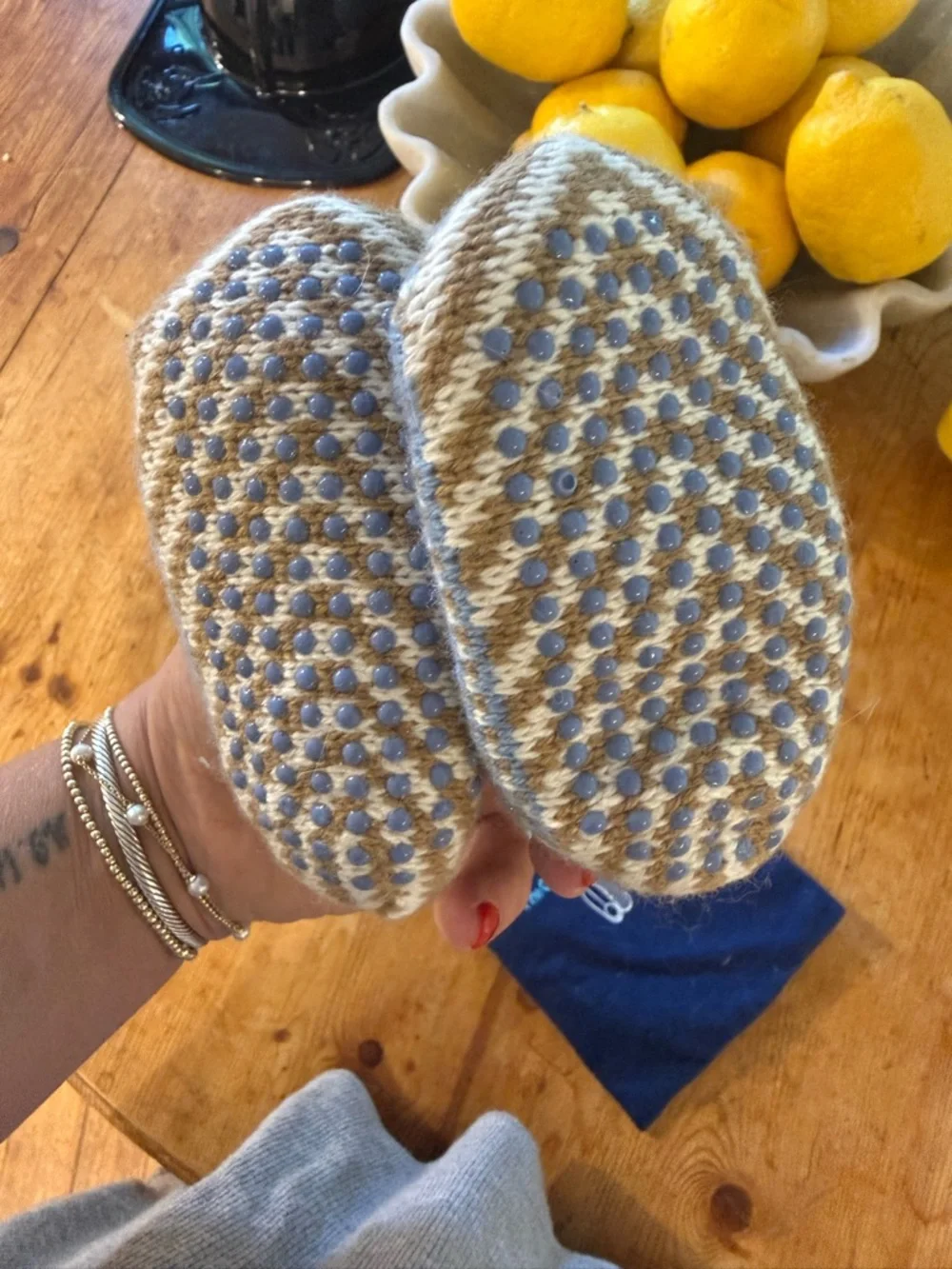Bombas Blue and Cream Knit Baby Gripper Slippers